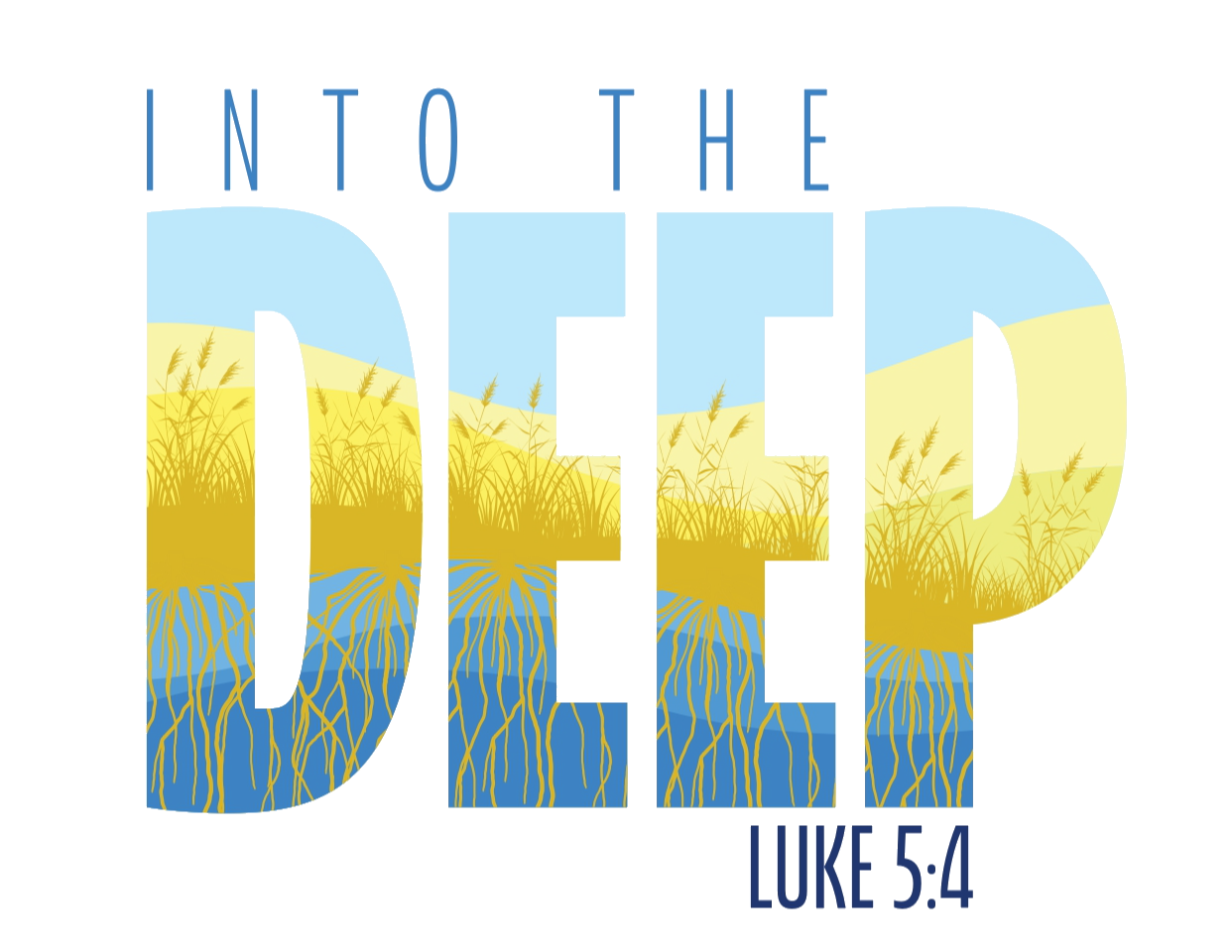 Into the Deep logo for General Synod 35, featuring prairie grass and reference to Luke 5:4.