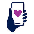 988 purple icon of a phone with a heart on its screen in a hand.